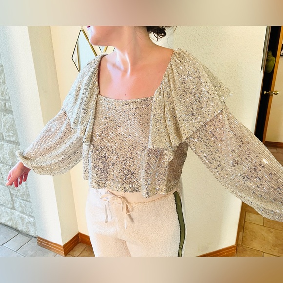 Free People Silver Tiered Ruffle Balloon Sleeve Sequin Flowy Top Size XS NWT - Picture 9 of 13